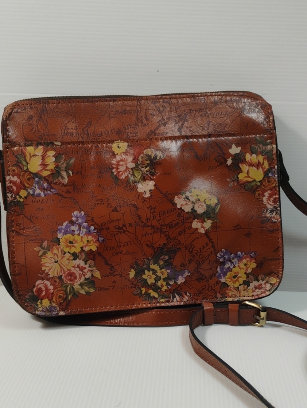 Patricia Nash Brown Floral Leather Crossbody Satchel